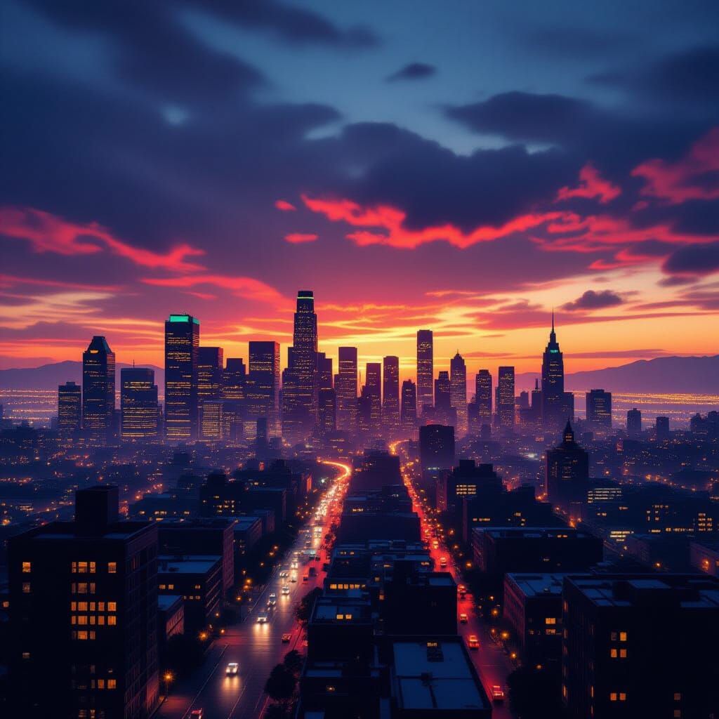 Cinematic Cityscape at Dusk in Film Aesthetic