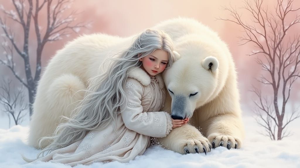 Ethereal Snow Elf and Polar Bear in Winter Wonderland