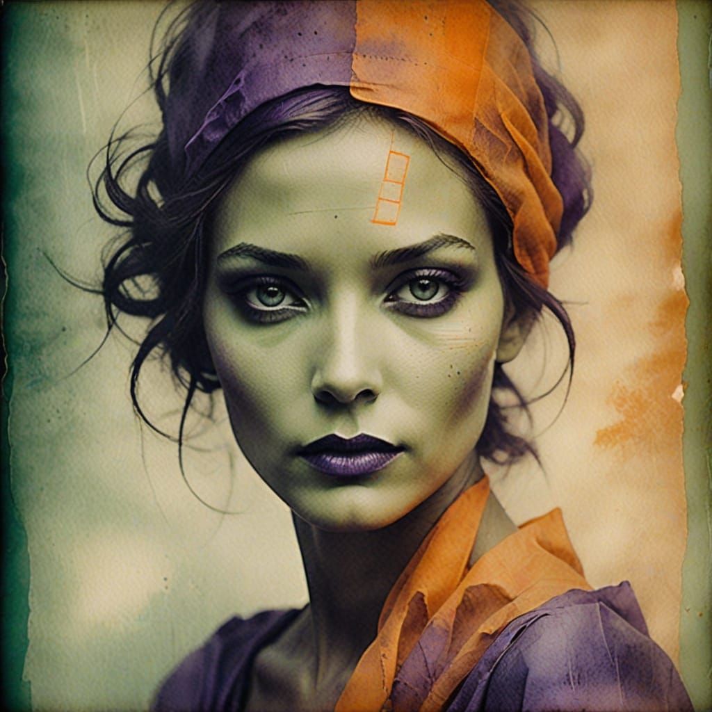 Minimalist Portrait in Orange and Purple, Ink Wash Style