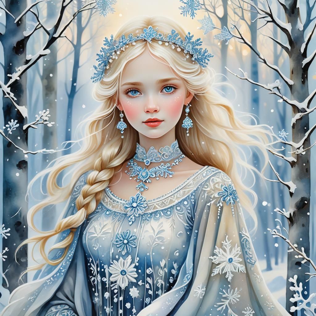 Russian Winter Folk Art in Watercolor Style