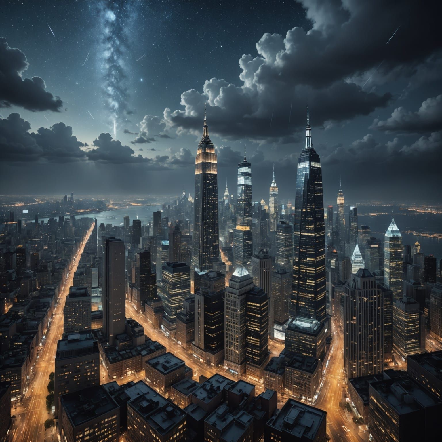 Rainy Cityscape with Skyscrapers in Digital Animation Style