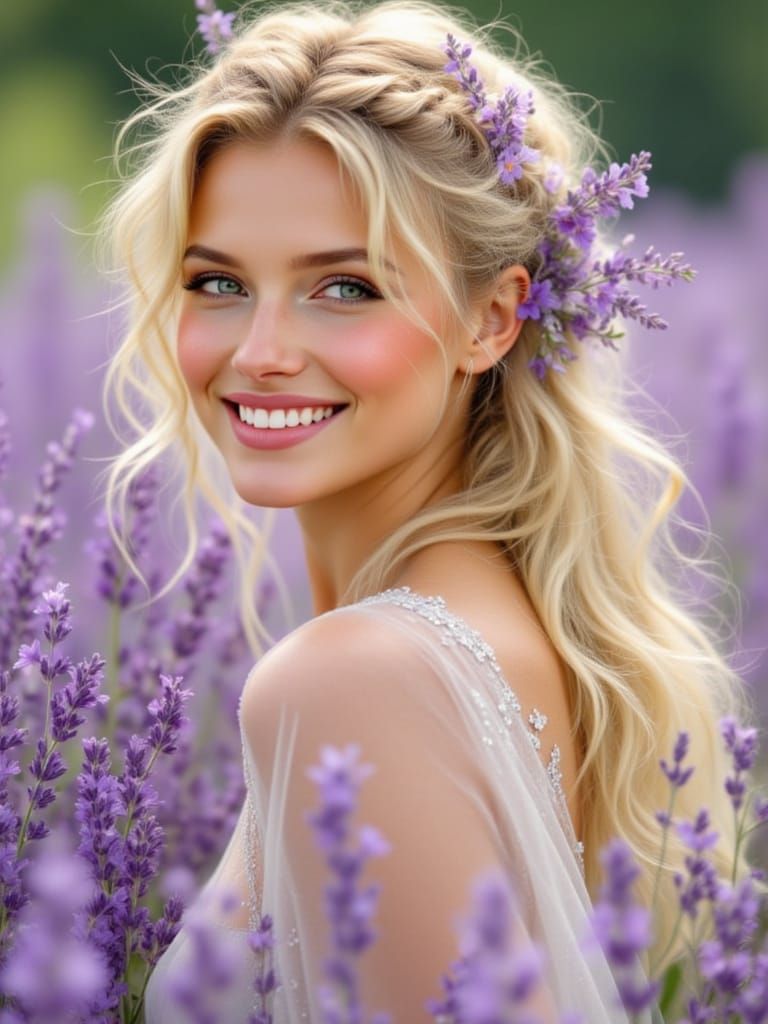 Swedish Model in Lavender Field, Pre-Raphaelite Style