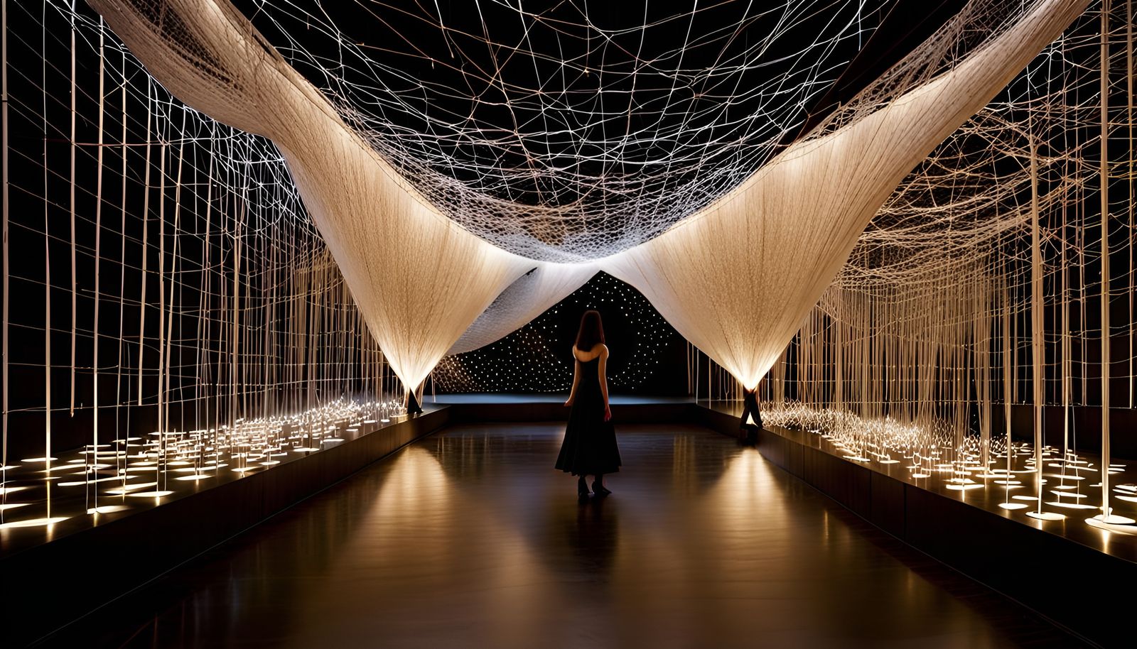 Interior art installation inspired by the style of Chiharu Shiota