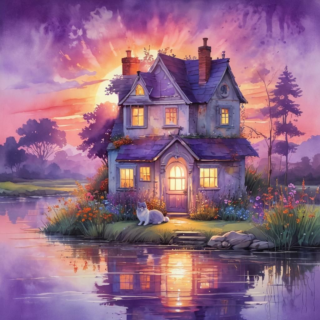 Whimsical Cottage Sunset: Faded Watercolor Painting