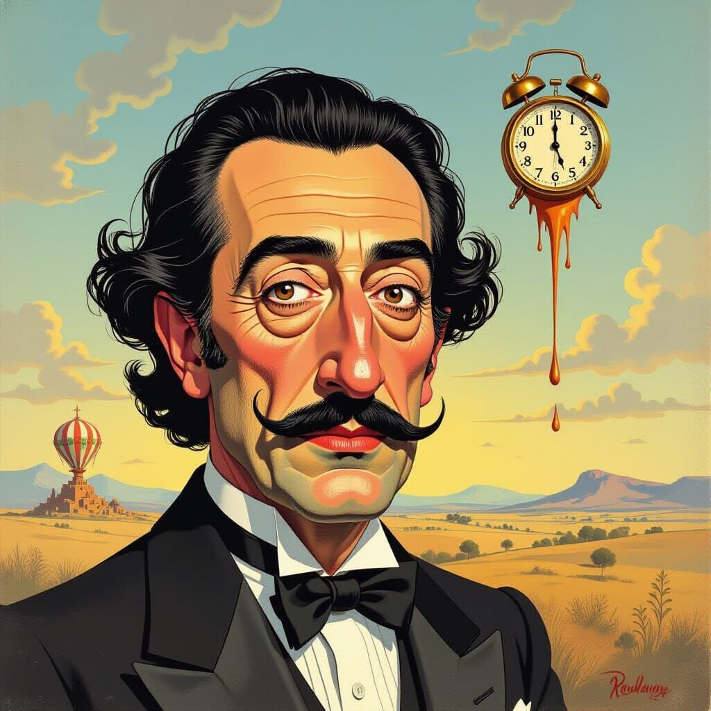 Gouache Caricature of Salvador Dali in Surreal Style