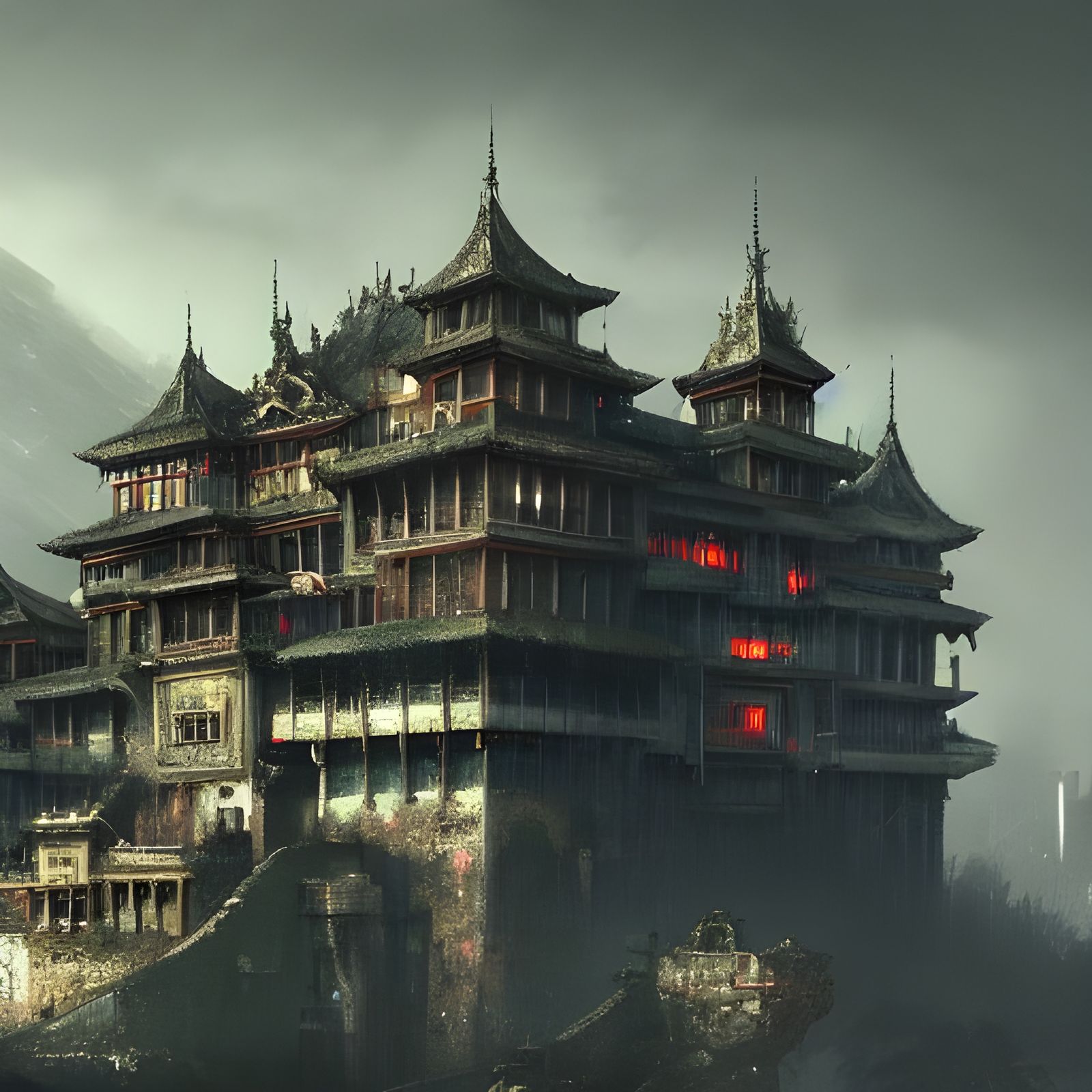 Cyberpunk Fortress Mansion on Hillside Digital Wallpaper