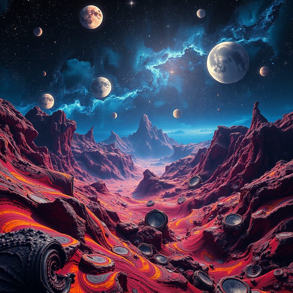 Surreal Cosmic Landscape in Vibrant, Swirling Patterns