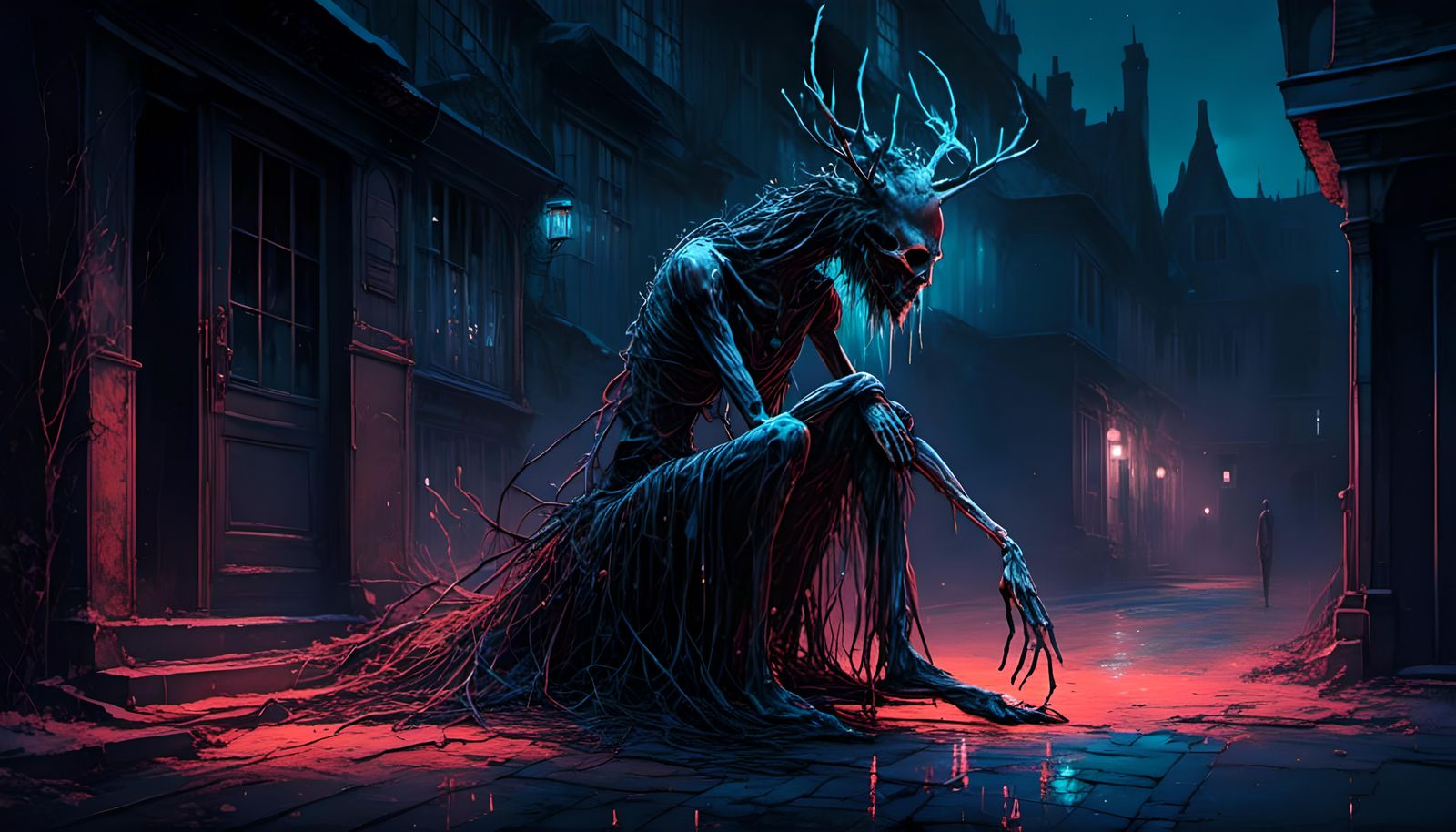 Neon Gothic Cyber Wendigo in Bioluminescent Fairycore Style