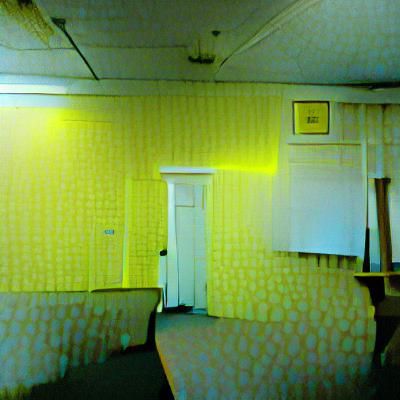 Unsettling Fluorescent Room with Mismatched Wallpaper