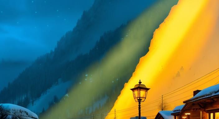 Rustic Village Lamp Post at Dusk in Snowy Mountains