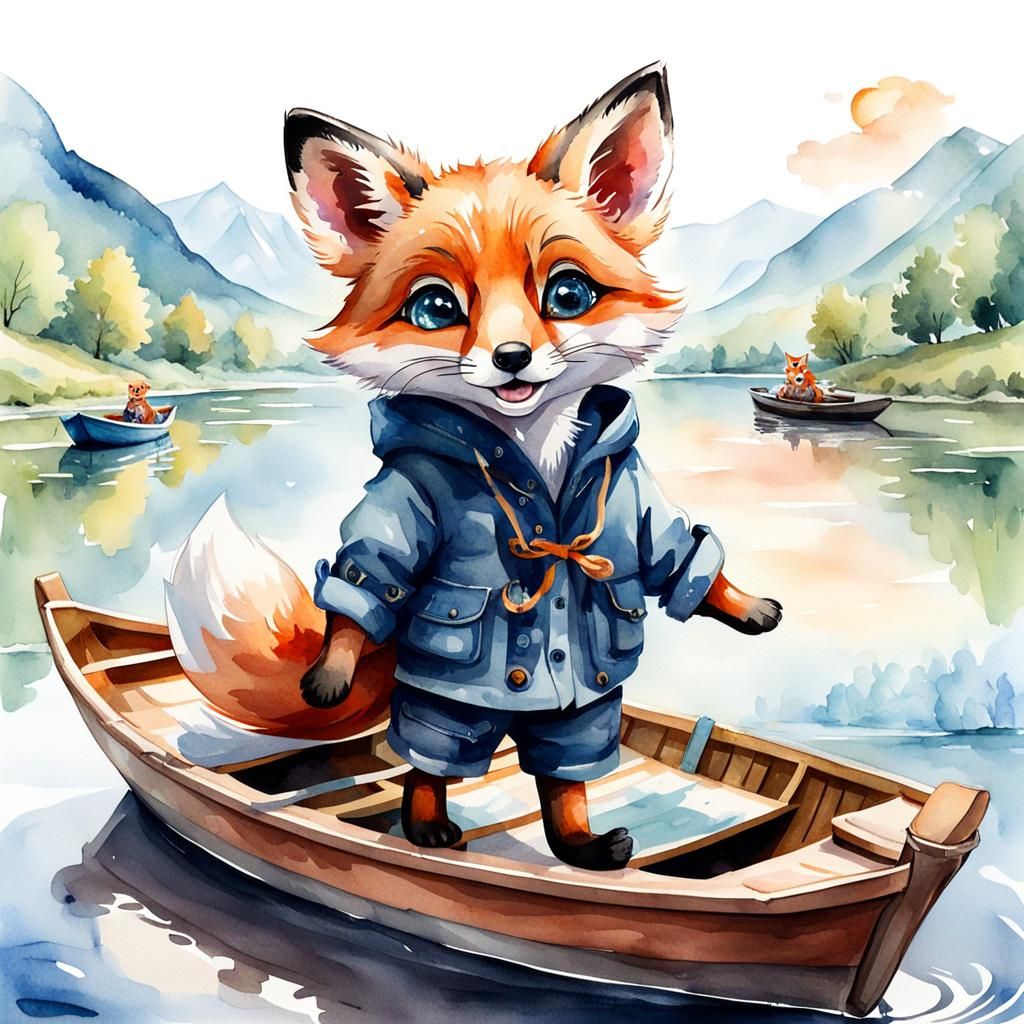 Joyful Fox Cub on River: Watercolor Illustration