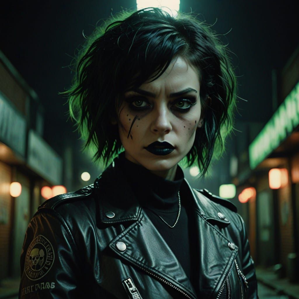 Hyperrealistic Portrait of Punk Woman with Green Tattoos