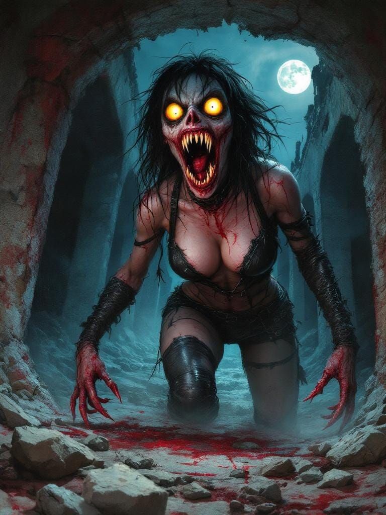 Terrifying Ghoul Emerges from Ruins at Night