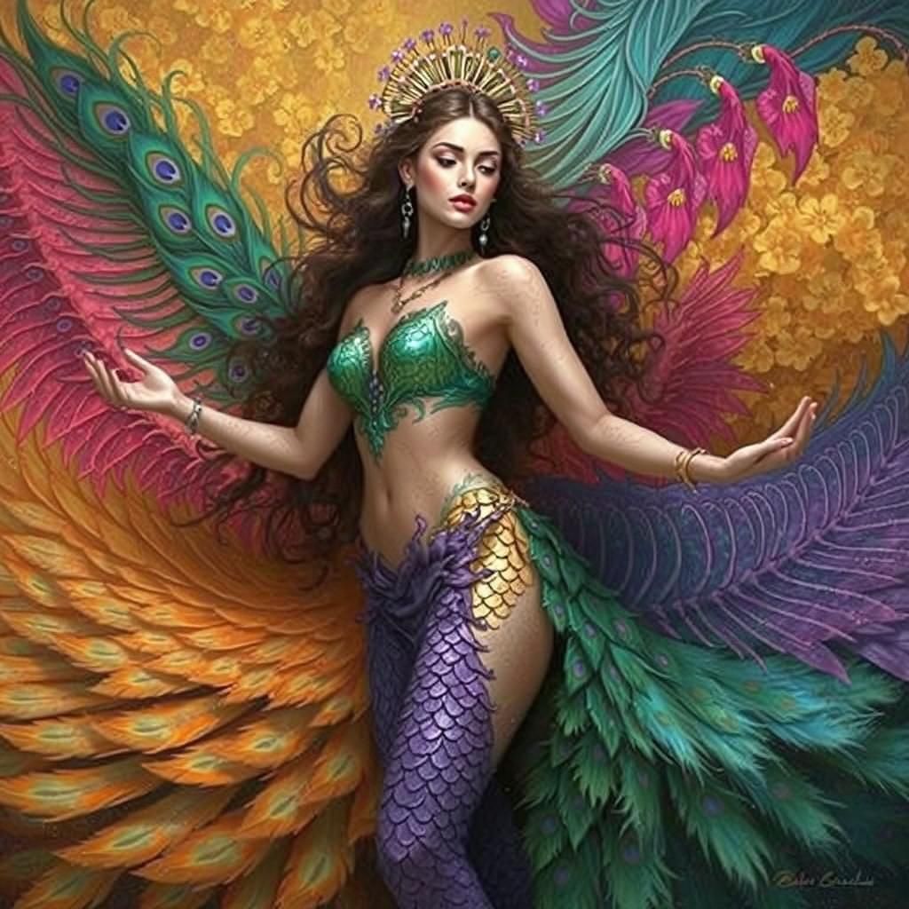 Dragon Peacock Woman in Abstract Fauvist Style