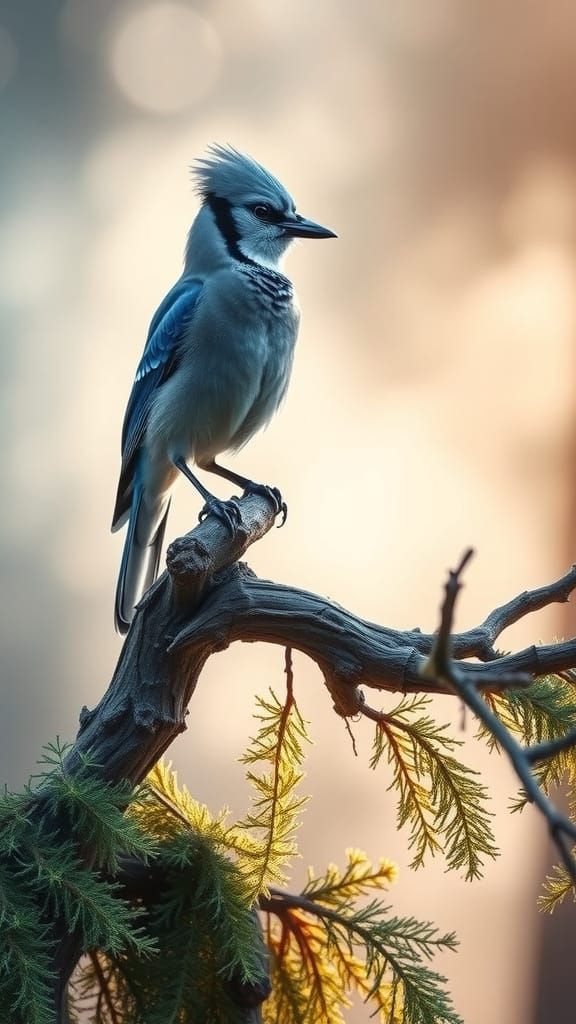 Surreal Blue Jay Reigns in Ethereal Dawn Light