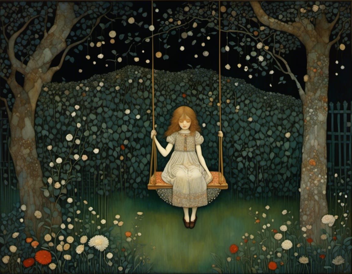Girl on a Swing: Art Nouveau Garden Scene