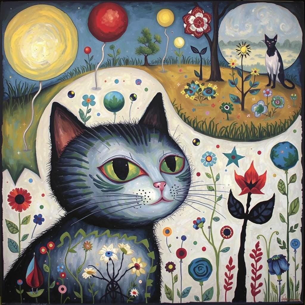 Surreal Cat in Garden, Post-Impressionist Style