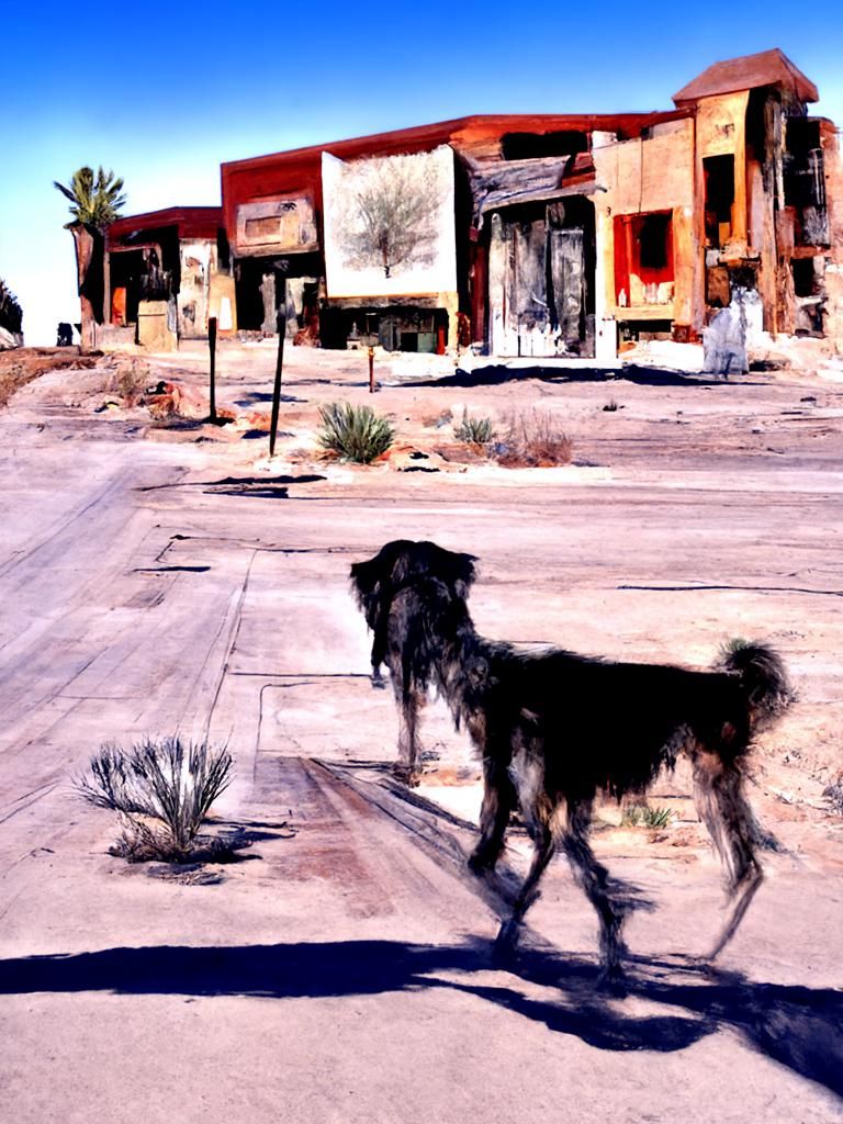 Desert ghost town; hyperrealism; dog walking down street