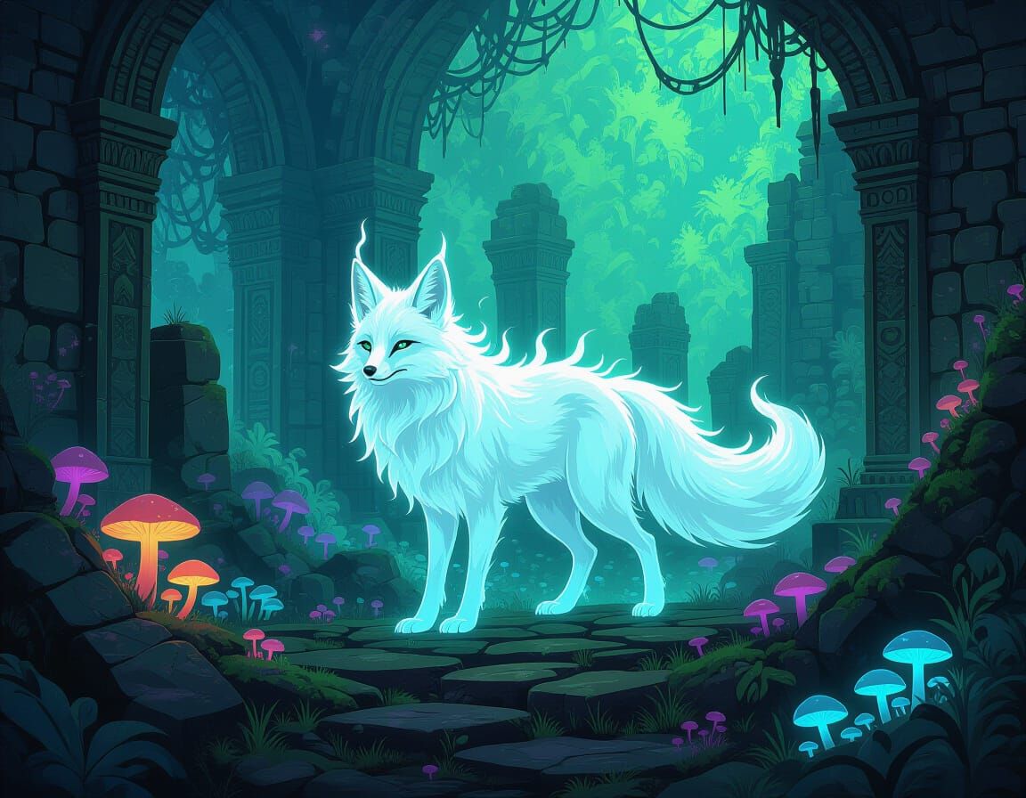 Ghostly Fox Spirit in Psychedelic Ruins