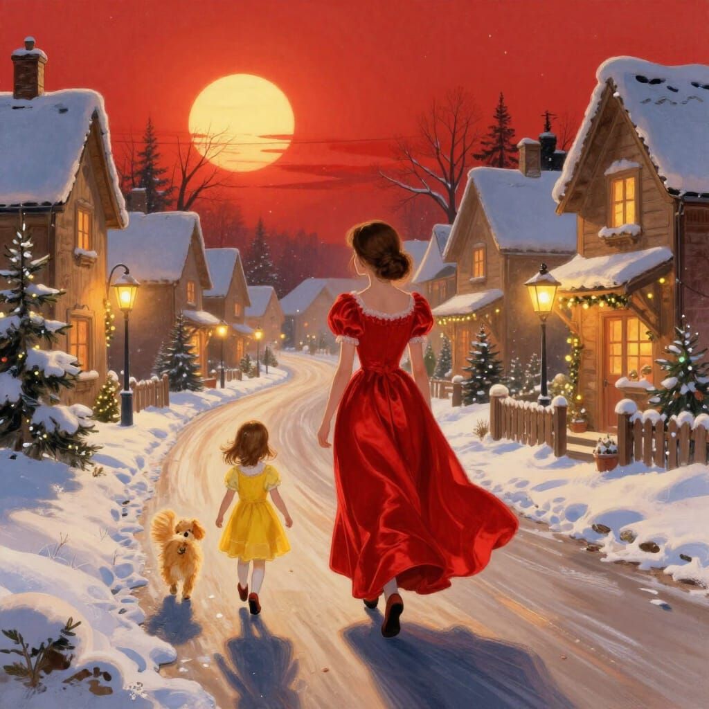 Crimson Dress Woman in Snowy Village