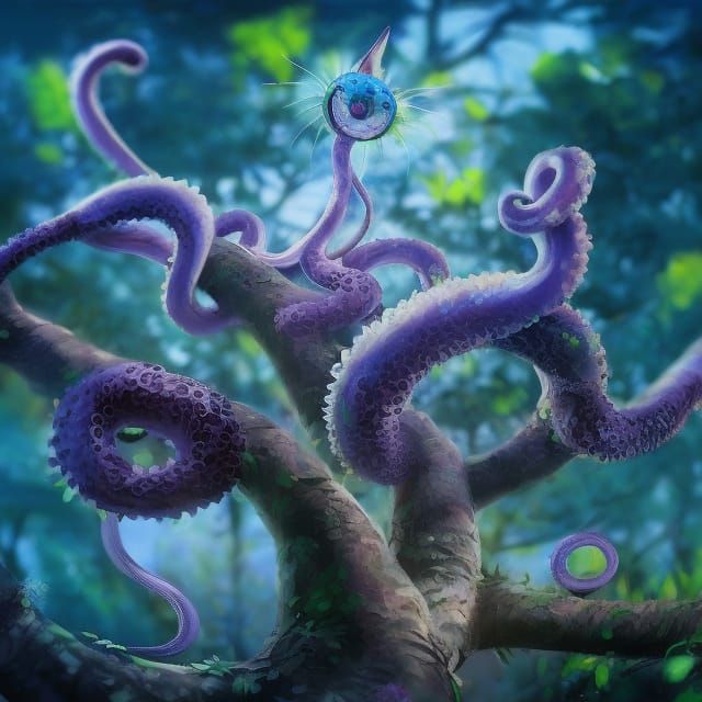 Surreal Cat Tree with Tentacles: Digital Art