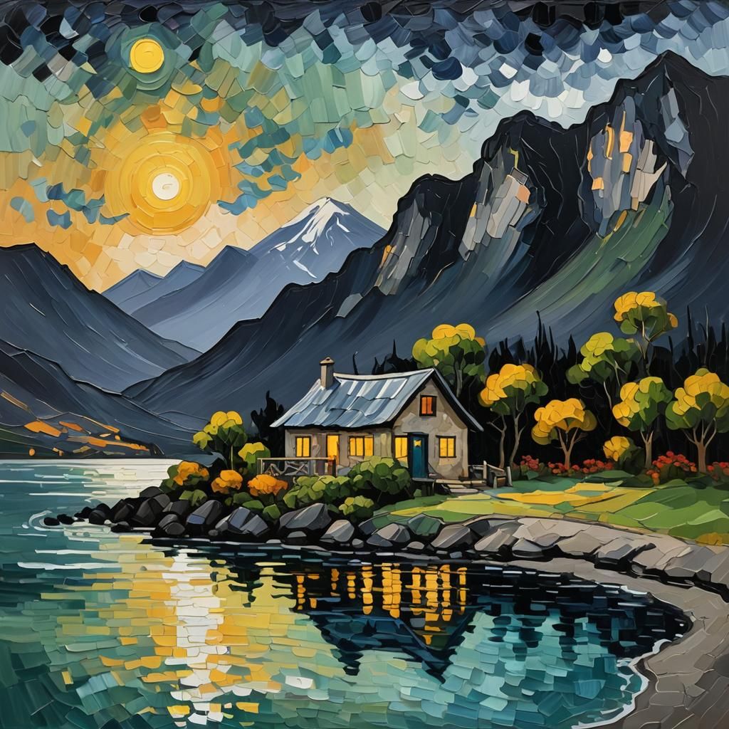 Lakehouse by Volcano in Post-Impressionist Style