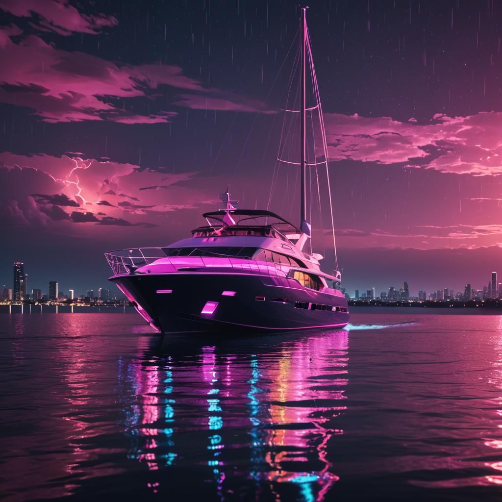 Sleek Yacht Speeds Across Water in Synthwave Style