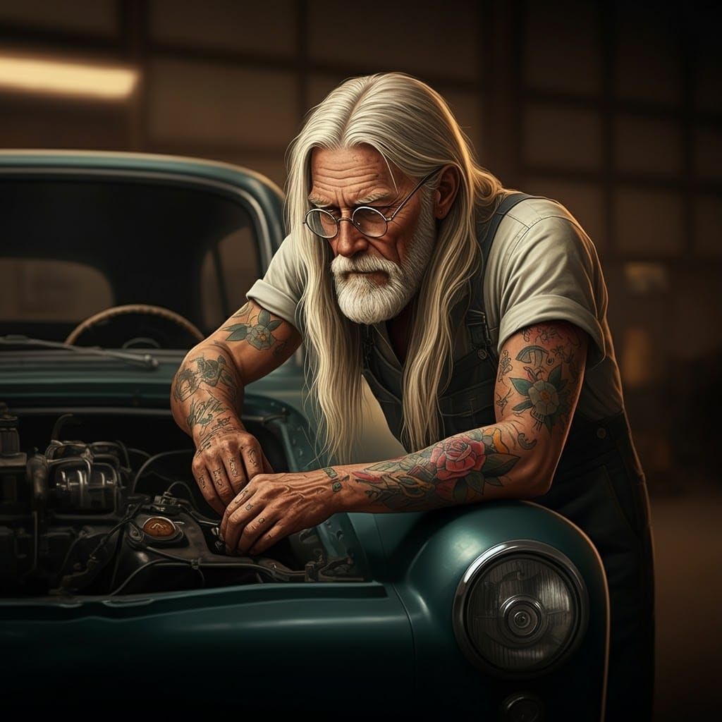 Old Man Working on Car in Traditional Tattoo Style