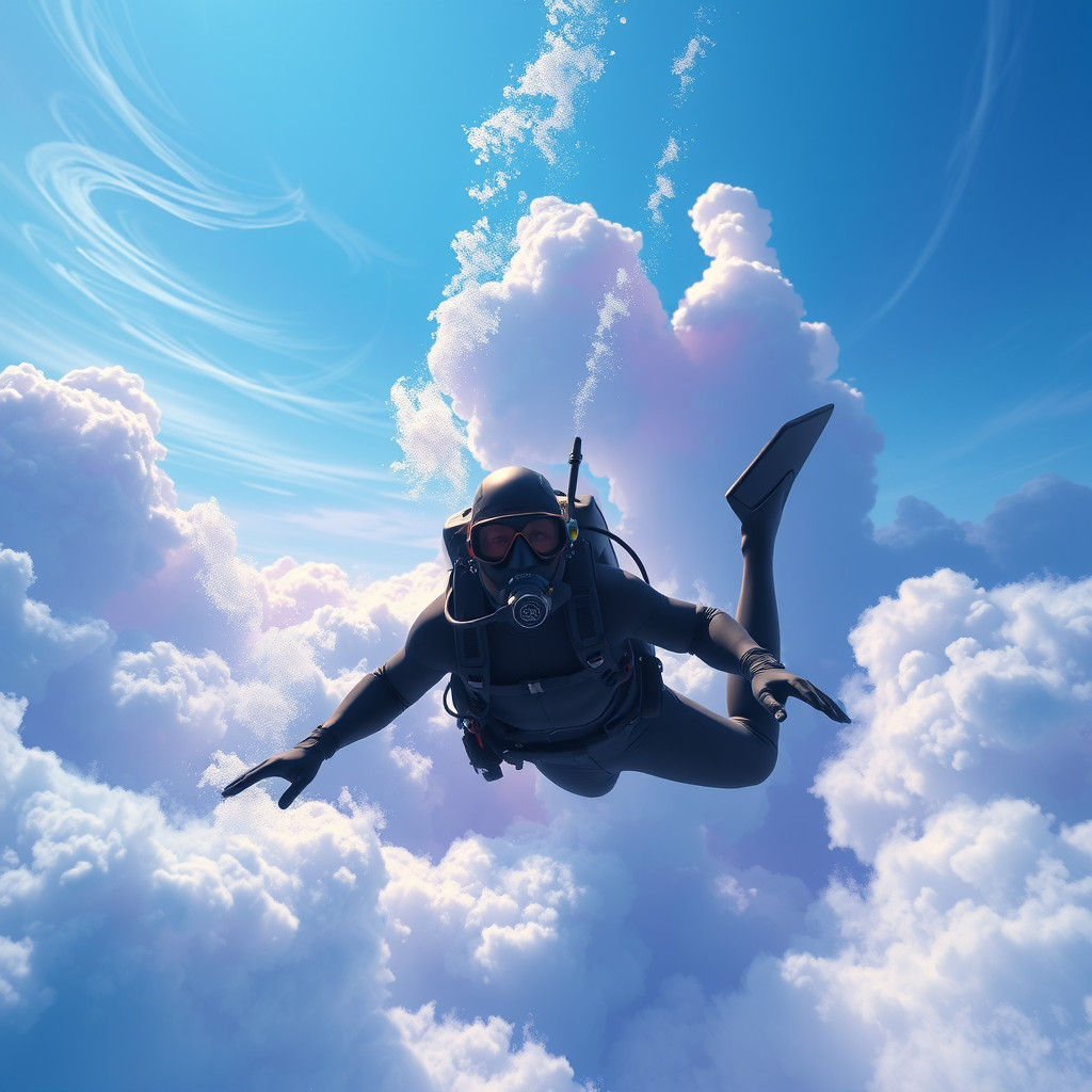 Diver Swimming in Clouds: Fantasy Concept Art