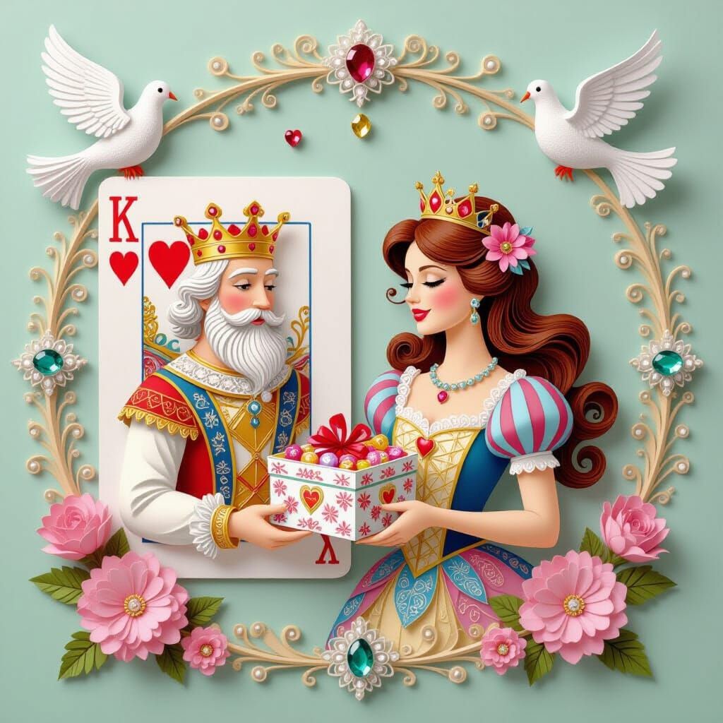 King of Hearts Offers Queen Candy and Flowers in Quilled Art