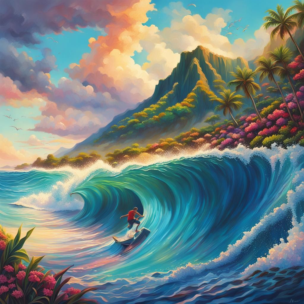 Hyperrealistic Hawaii Splash Art: Detailed Mid Shot