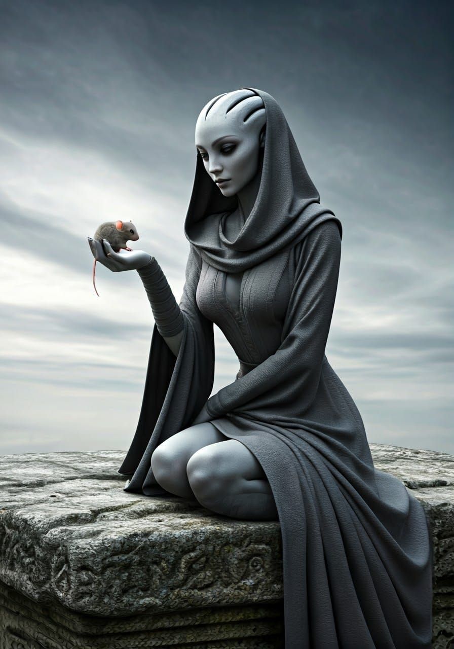 Alien Woman with Mouse in Photorealistic Style