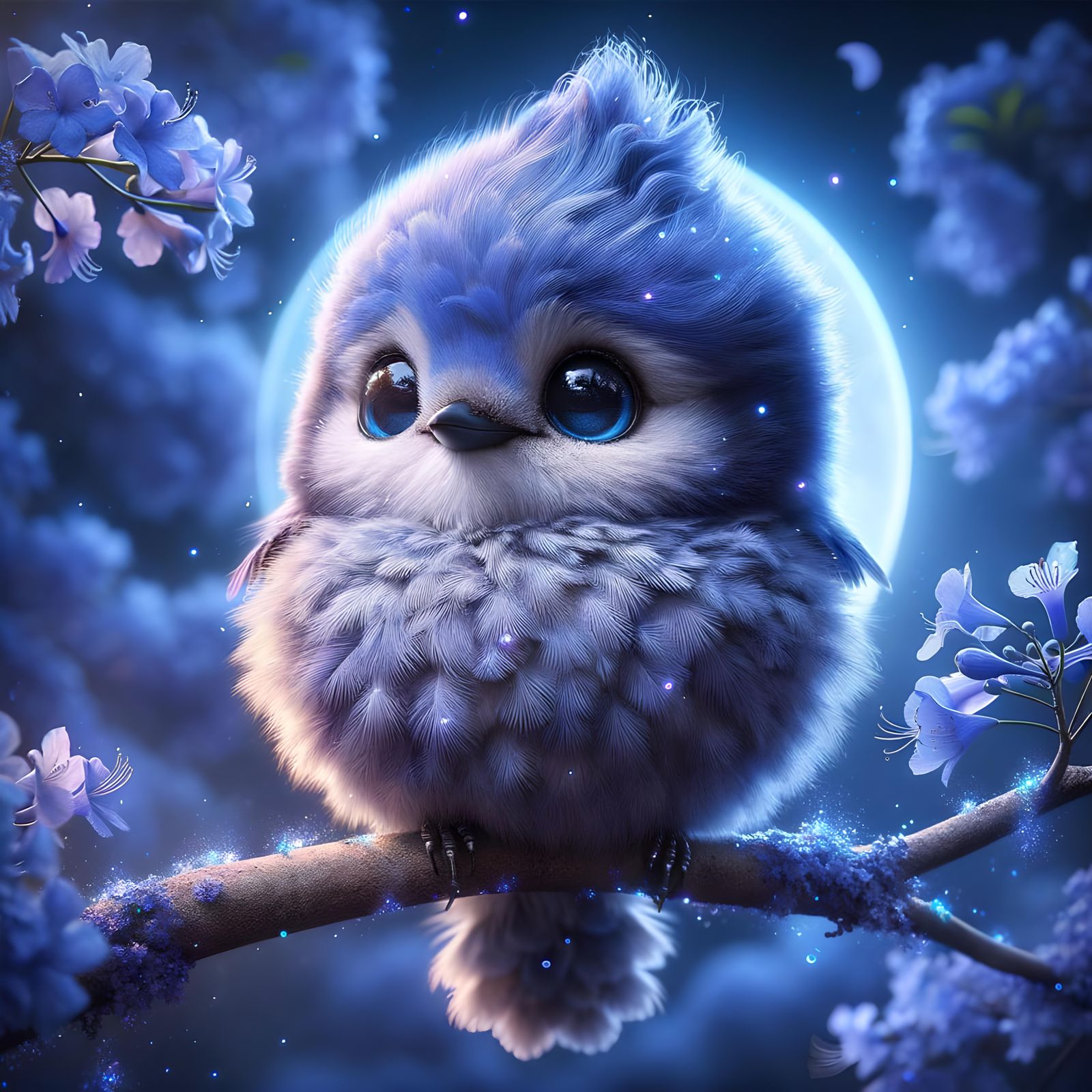Fluffy Blue Jay in Magical Park Under Moonlight