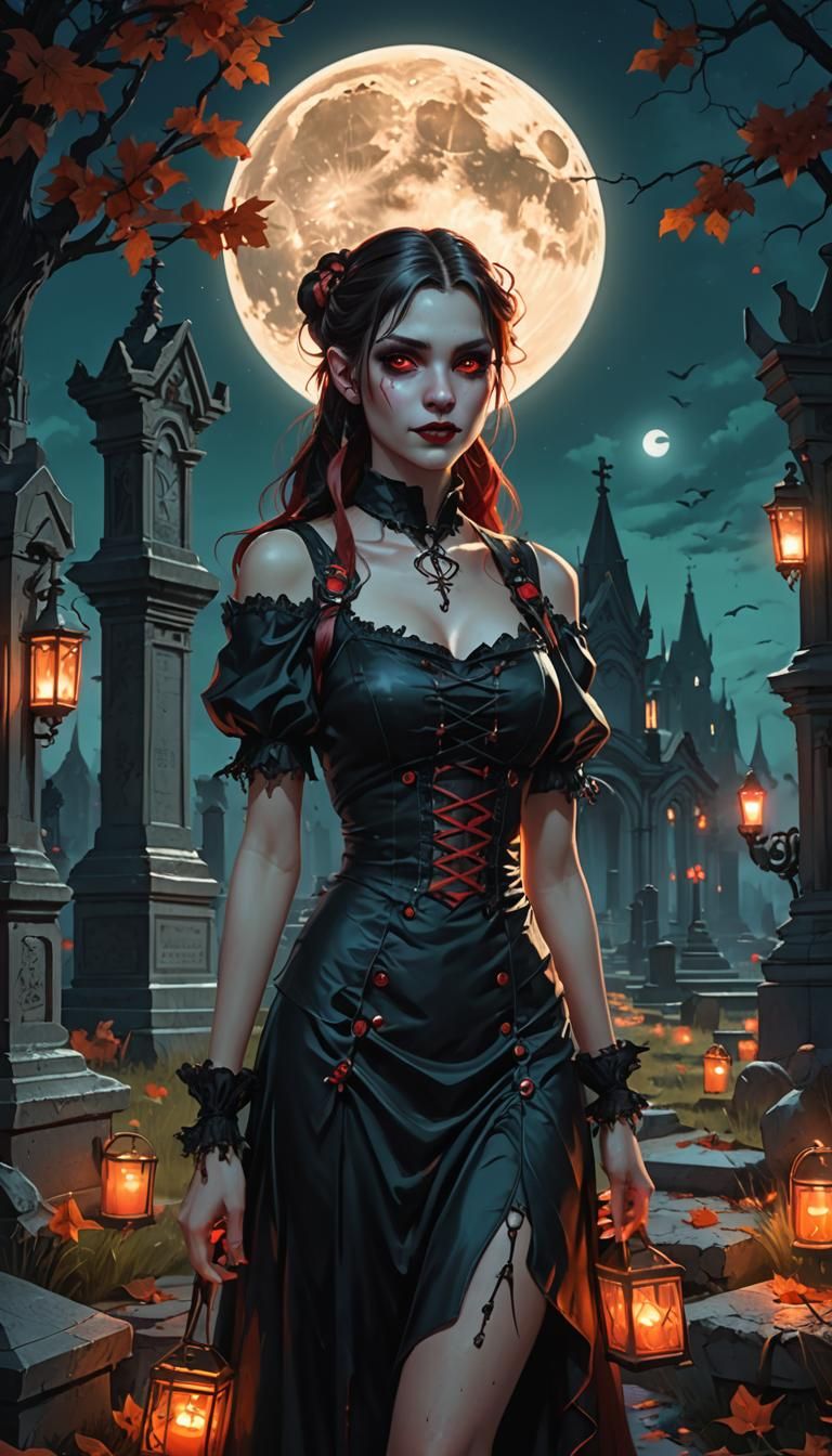 Smiling Vampire Girl in Gothic Cemetery, Hyperdetailed Art