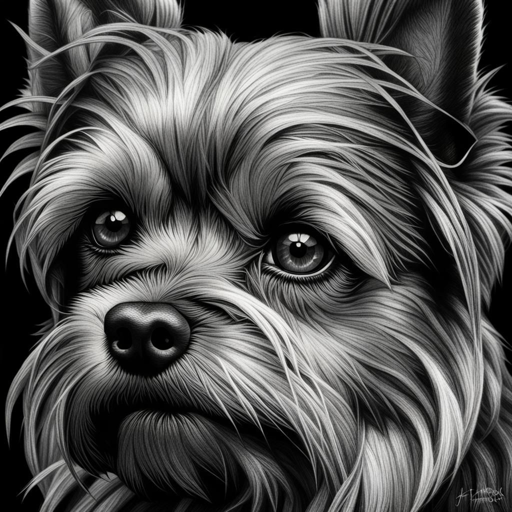 Realistic Yorkshire Terrier Portrait in Black Pencil