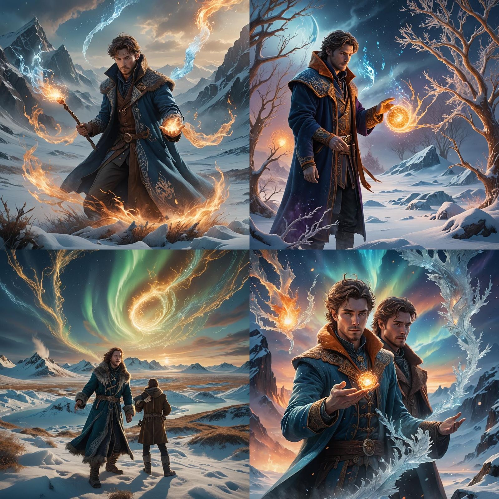 Male Elementalist Casting Spell on Tundra, Digital Art