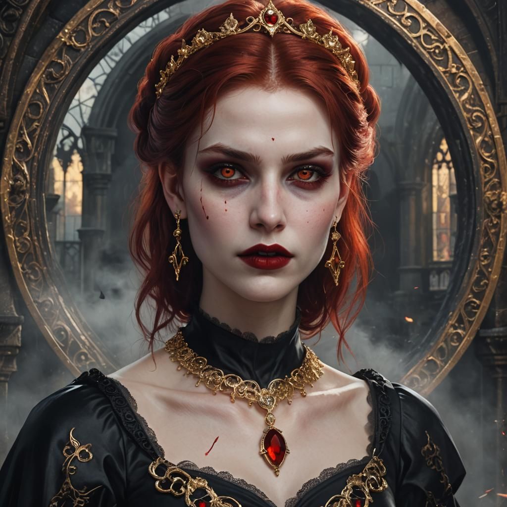 Gothic Vampire with Red Hair and Ruby Lips