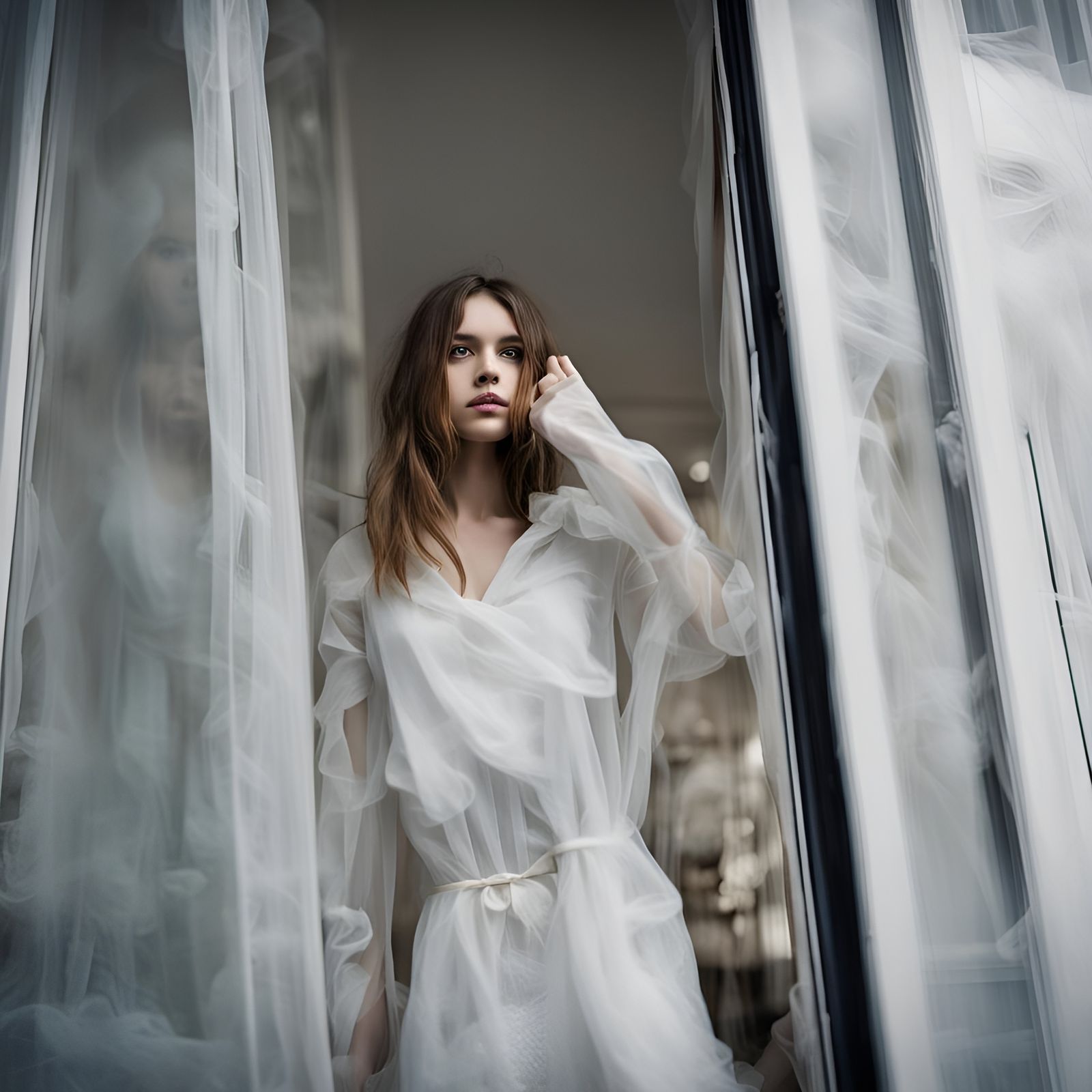 Girl in Gold Shirt Gazing at Glass Building