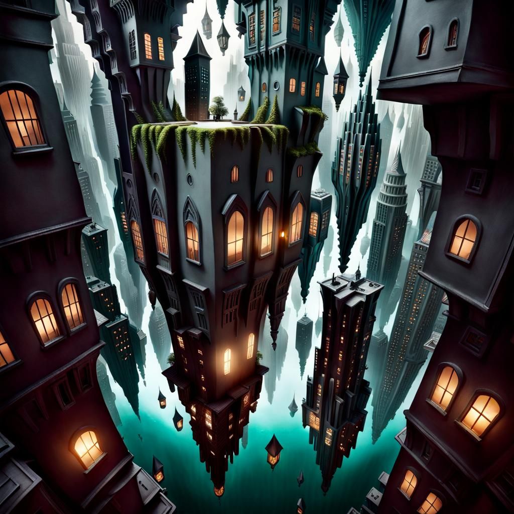 Surreal Upside Down Cityscape in Dreamlike Style