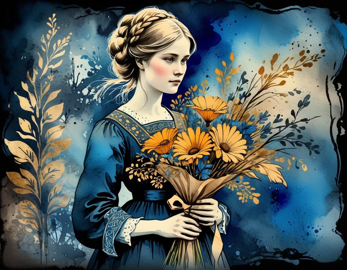 Norwegian Maiden with Bouquet: Watercolor and Ink Art