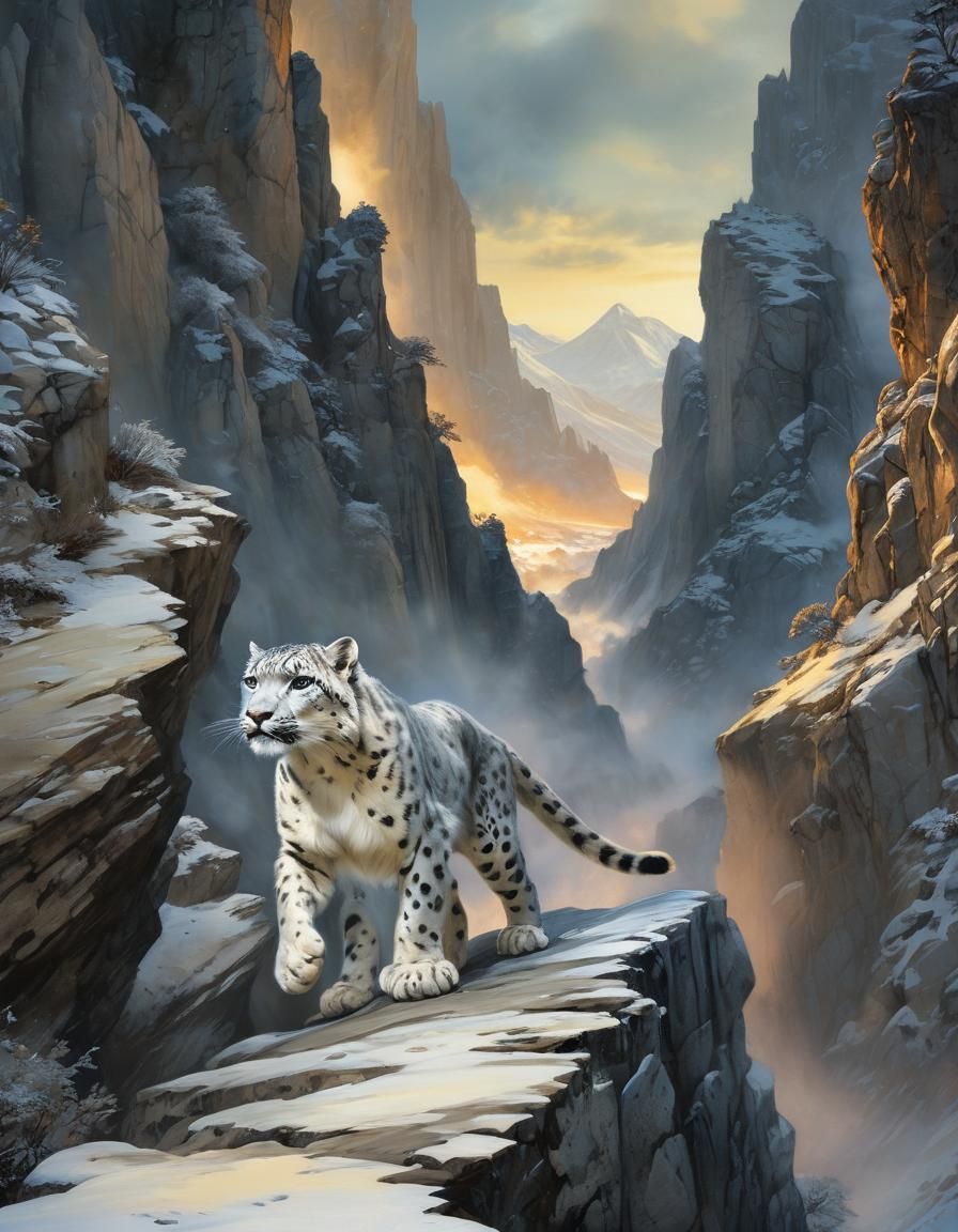 Fantasy Snow Leopard Leaping in Watercolor Style
