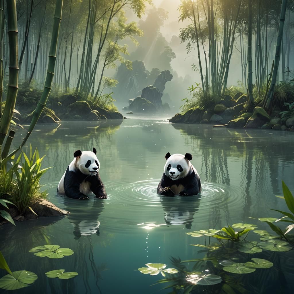 Pandas in Contrasting Fantasy Landscapes: 8K Resolution