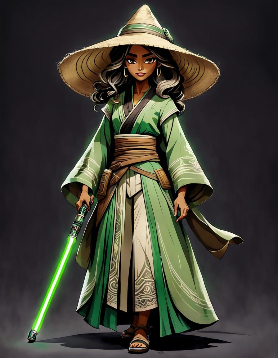 Jedi Raya with Green Lightsaber, Intricate Painting