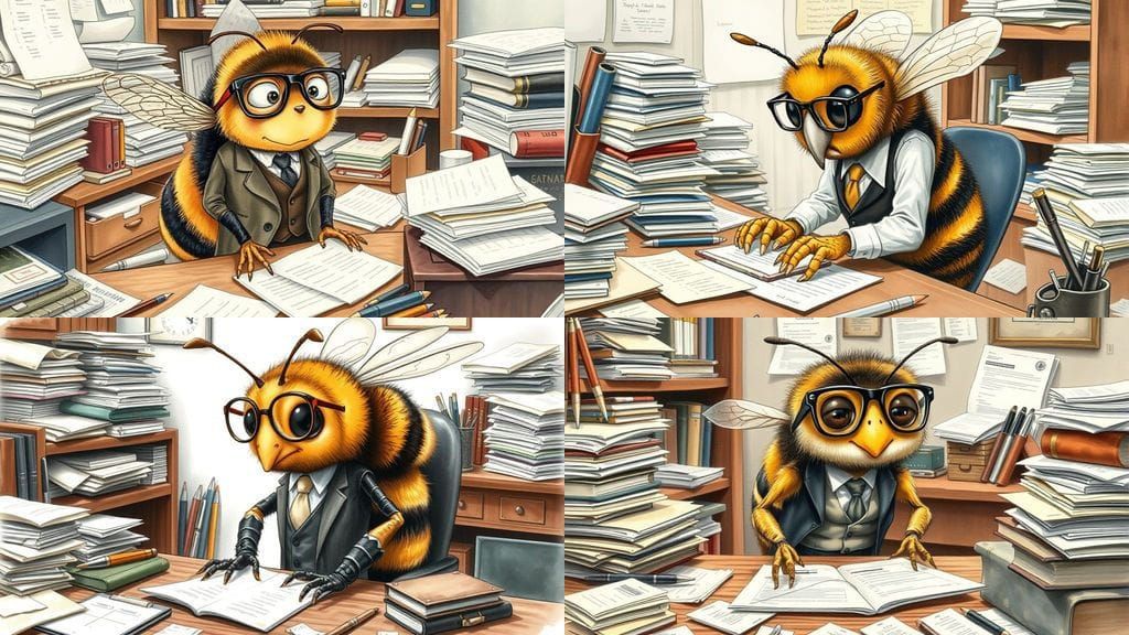 Whimsical Office Bee Portrait in Muted Watercolor Tones