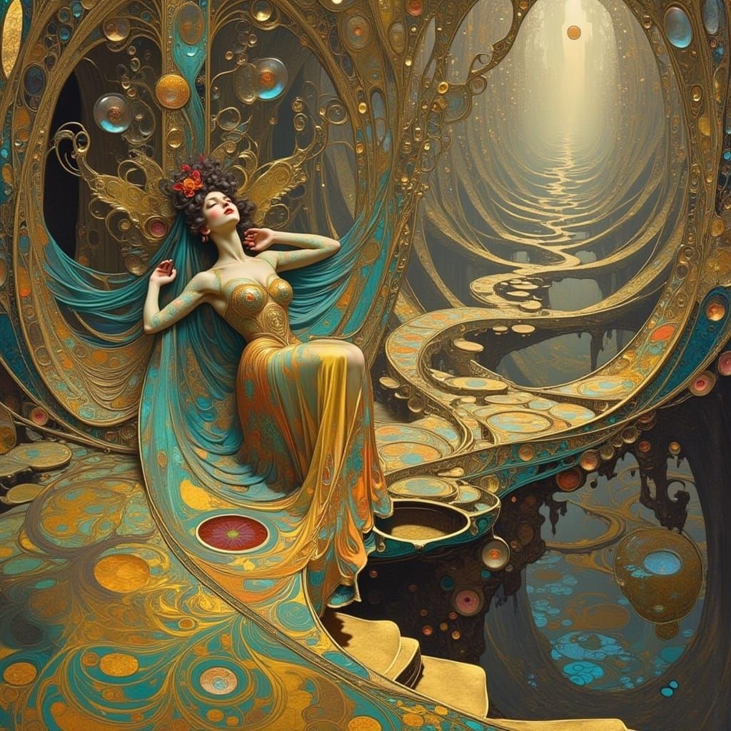 Alien Woman on Infinite Staircases in Art Nouveau Style