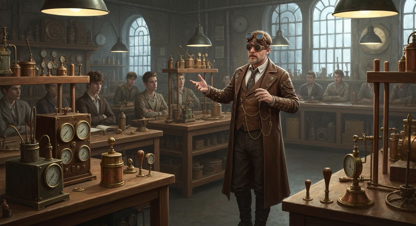 Steampunk Professor Teaching Lab in Industrial Futurism Styl...