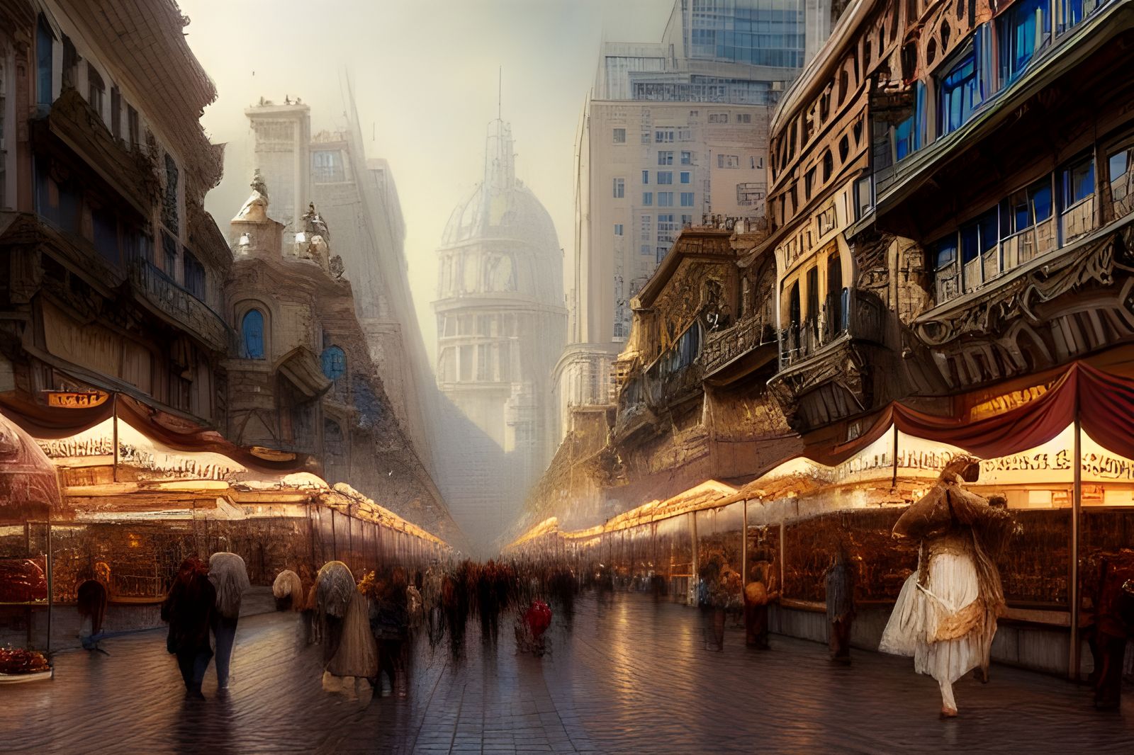 Magical Plaza Market District in Digital Rococo Style