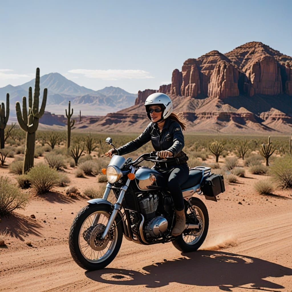 Woman Riding Motorcycle Through Arizona Desert