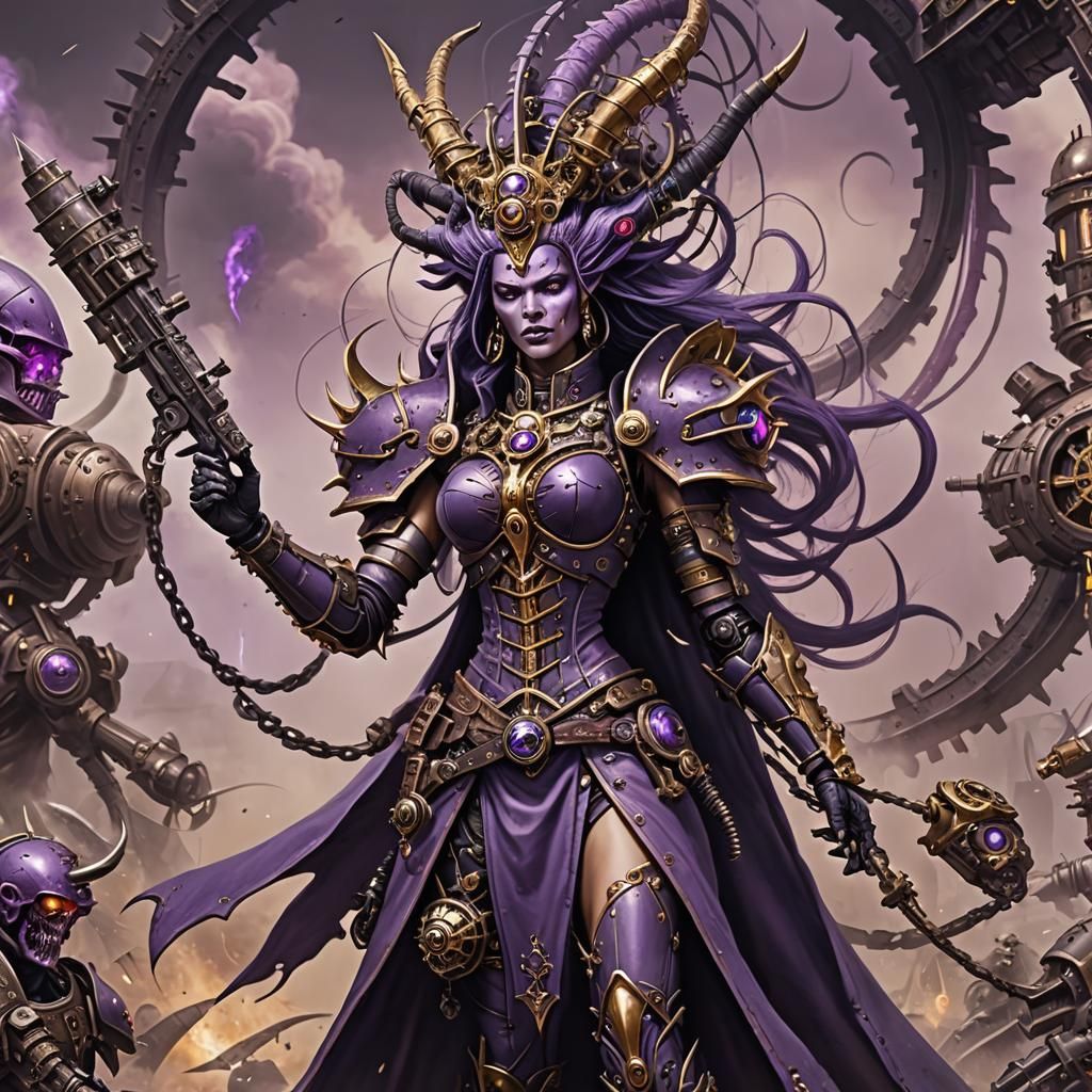 Slaanesh Queen Combats Aliens in Steampunk Style