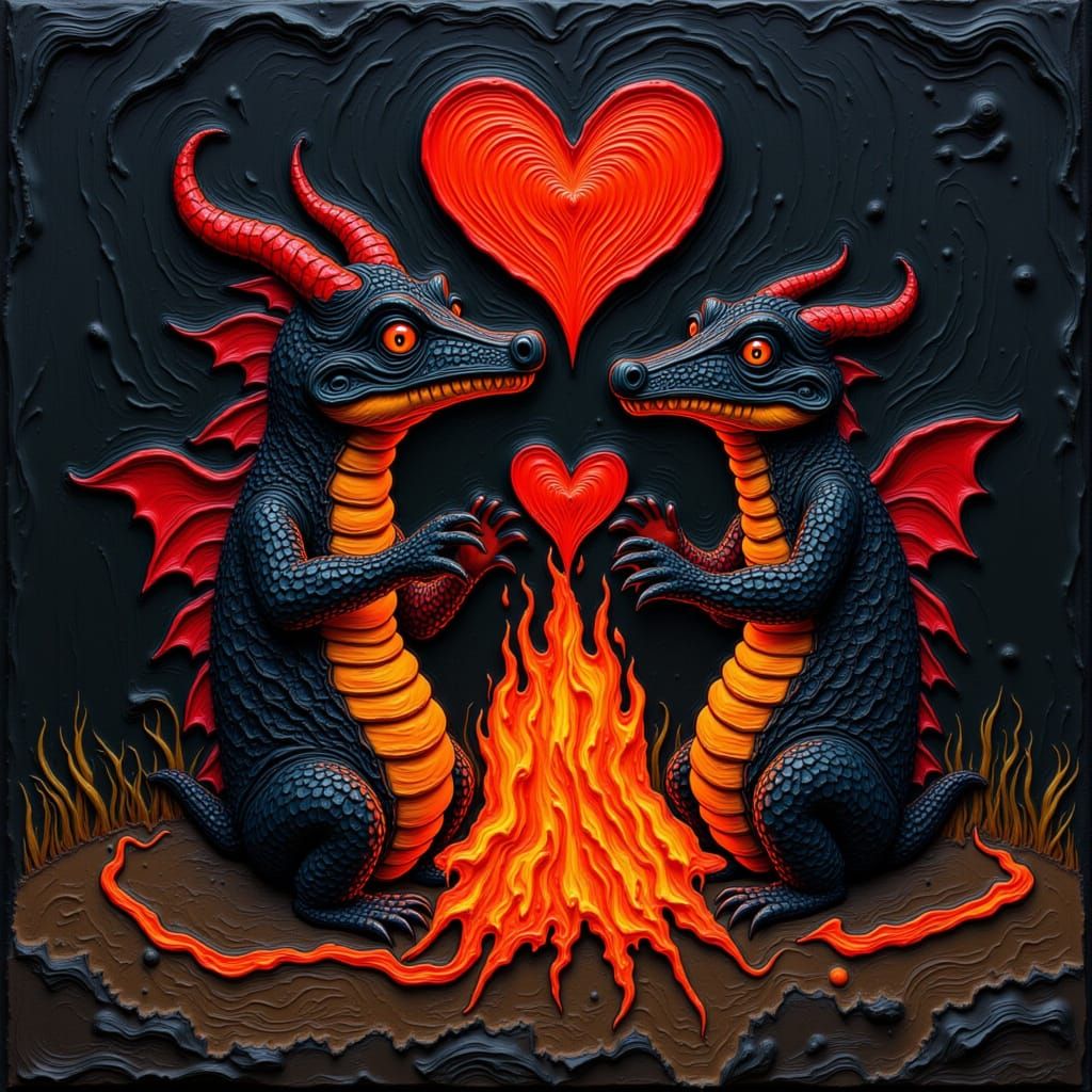 Demonic Lava Creatures in Love, Van Gogh Style